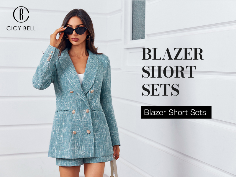 Cicy Bell Womens 2 Piece Tweed Blazer Shorts Sets Long Sleeve